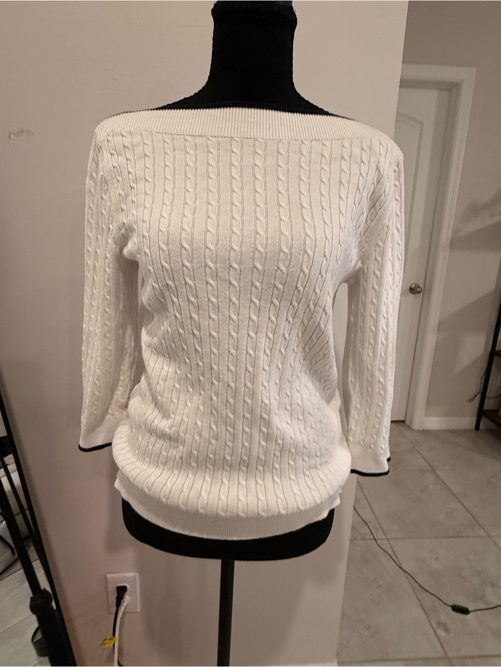 Lauren Ralph Lauren White Cable-Knit Off-Shoulder Sweater with Black Trim